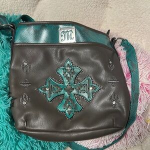 Green and Brown Leather Crossbody Bag with Decorative Pattern